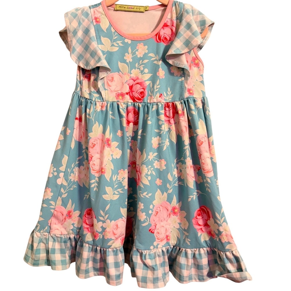 Millie Loves Lily Girls Blue Floral Rose Gingham‎ Ruffle Dress Size 4